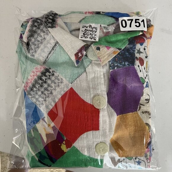 Parsley & Sage XL Bohemian Patchwork Ruffle Hi Lo Blouse Roll Tab Sleeve Artsy - Picture 16 of 16